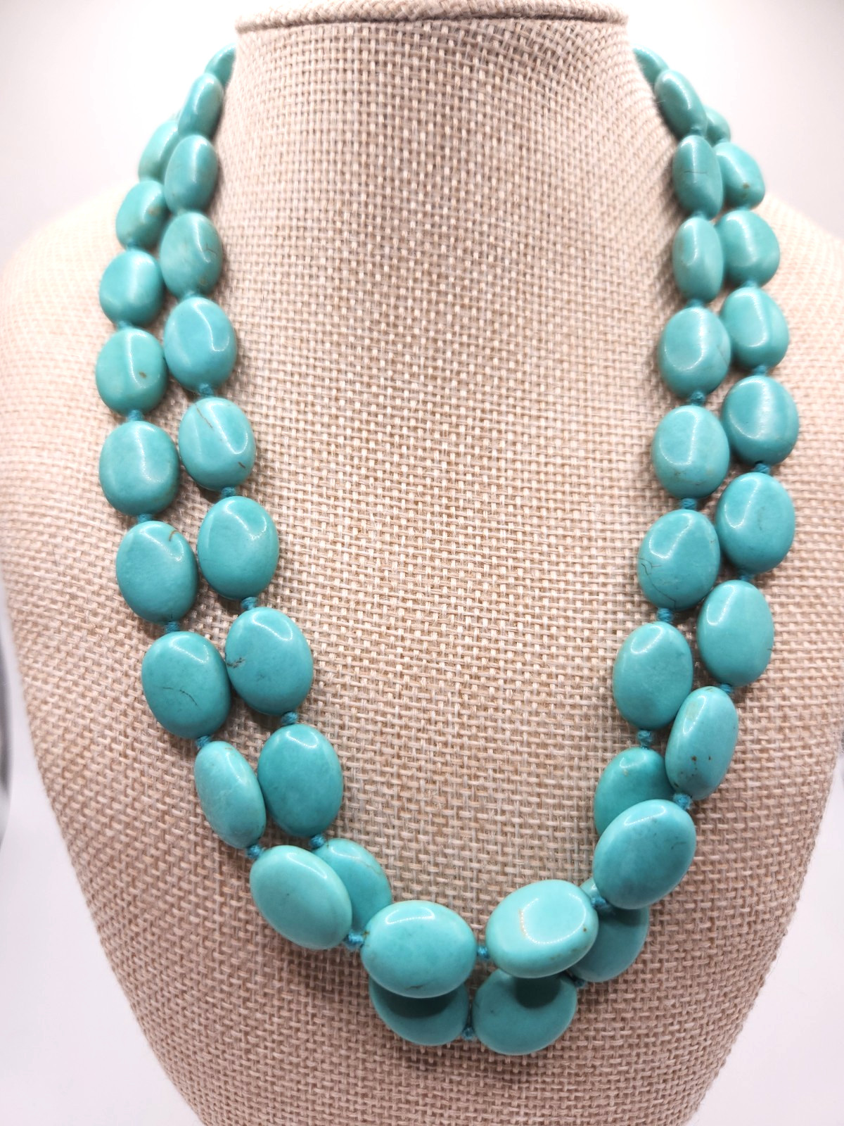 Double Strand Turquoise Necklace Sterling 925 Silver Clasp Oval Beads Light Blue