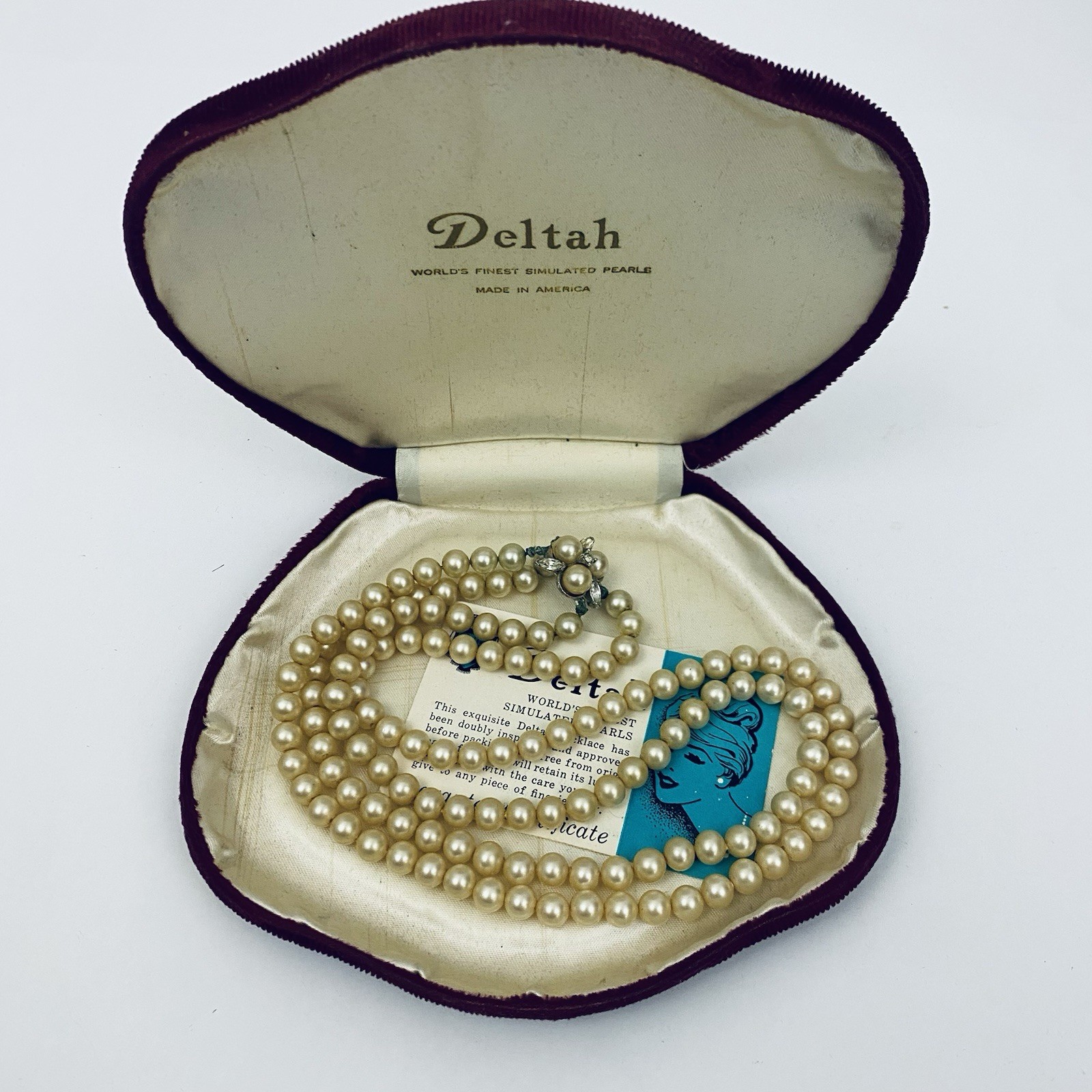 Vintage 18″ Deltah Simulated Pearl Necklace Double Strand 6.5 mm with Case