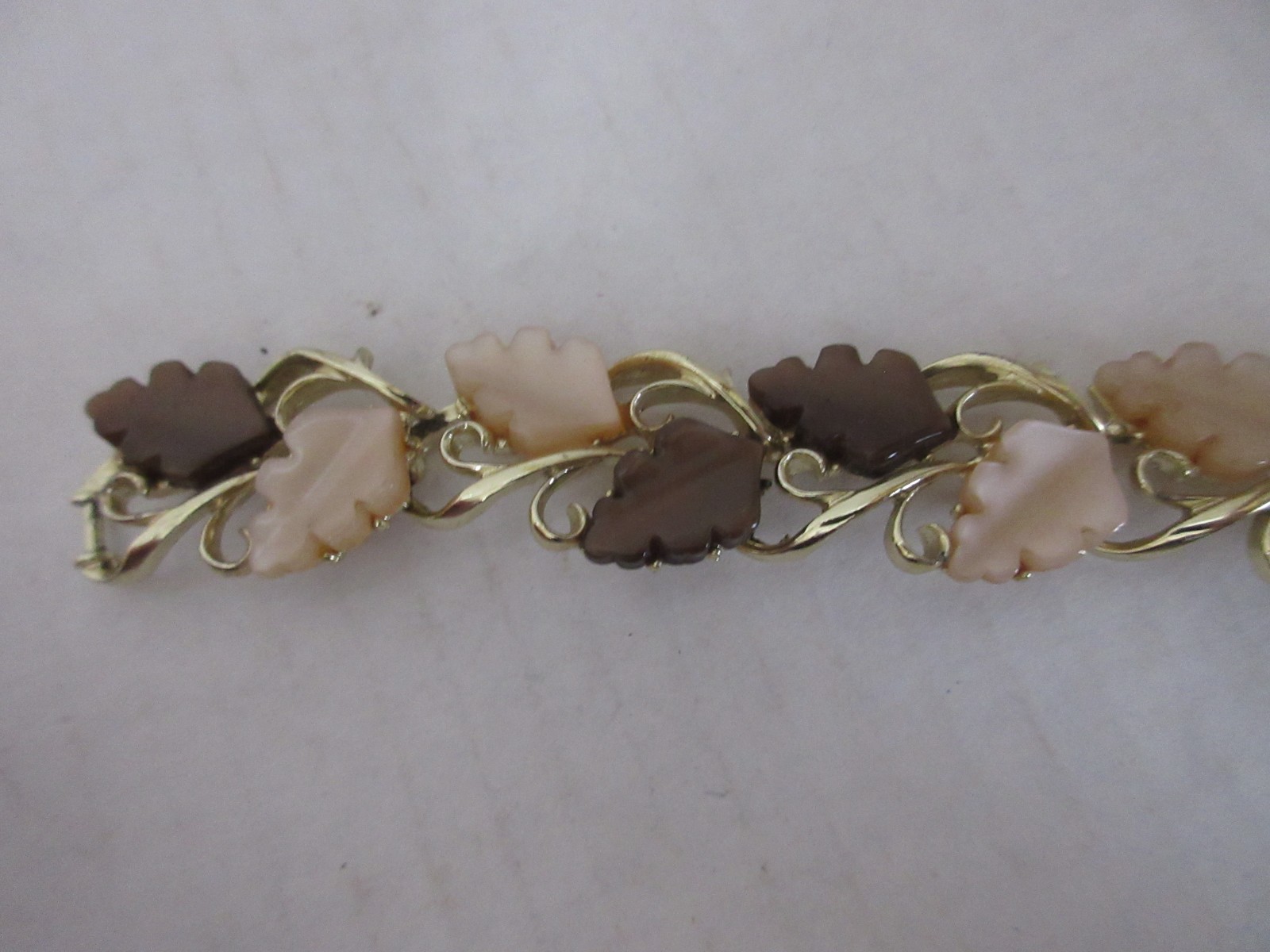Vintage Gold Tone Bracelet with Moonglow Lucite Leaves, Brown and Tan, 1950-’60s