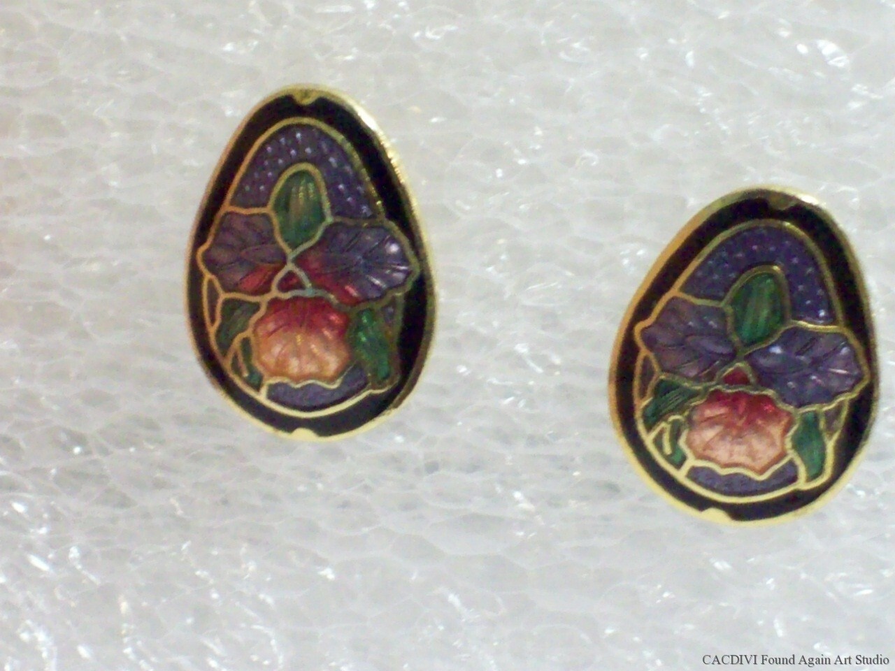 Retro Enamel Orchid Earrings Small Purple Pink Multi Color Cloisonne Flowers Vtg