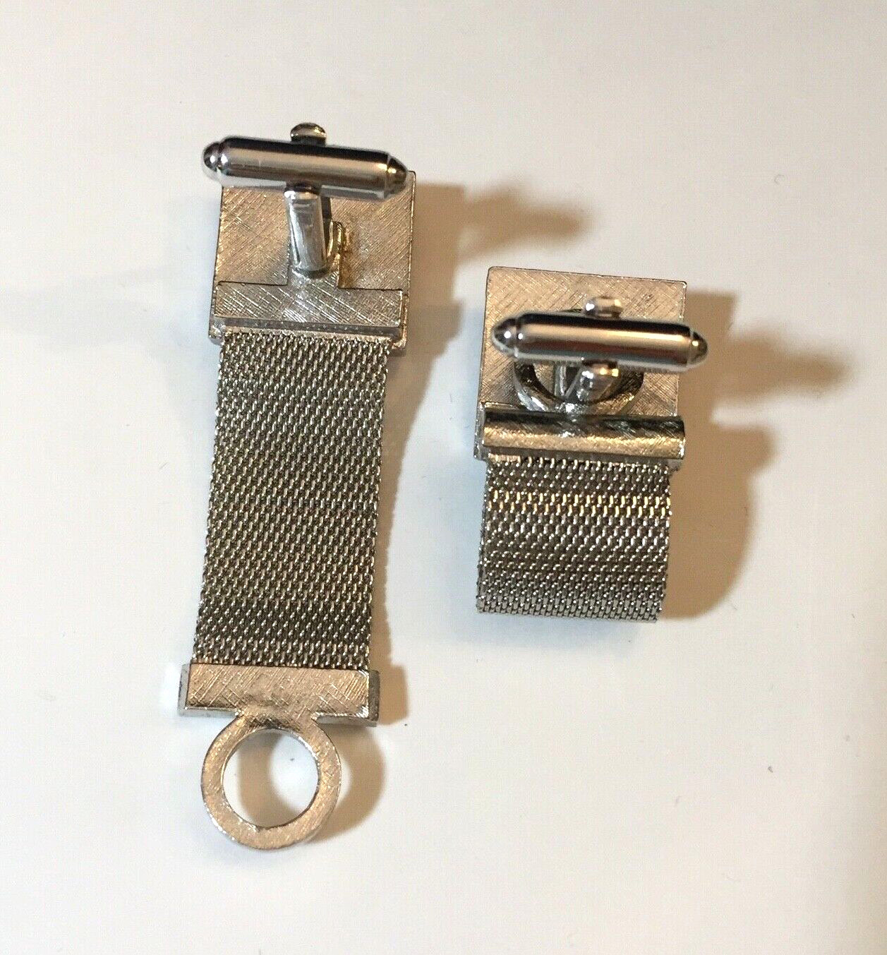 MCM Dante Cuff Links & Tie Clip Set Mesh Wrap Blue Enamel Stripe Wedding Formal