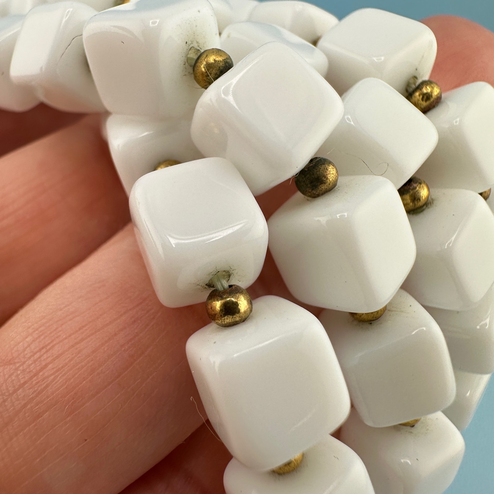 Vintage White Milk Glass Necklace Double Strand Square Shape Bead Retro Mod 18″