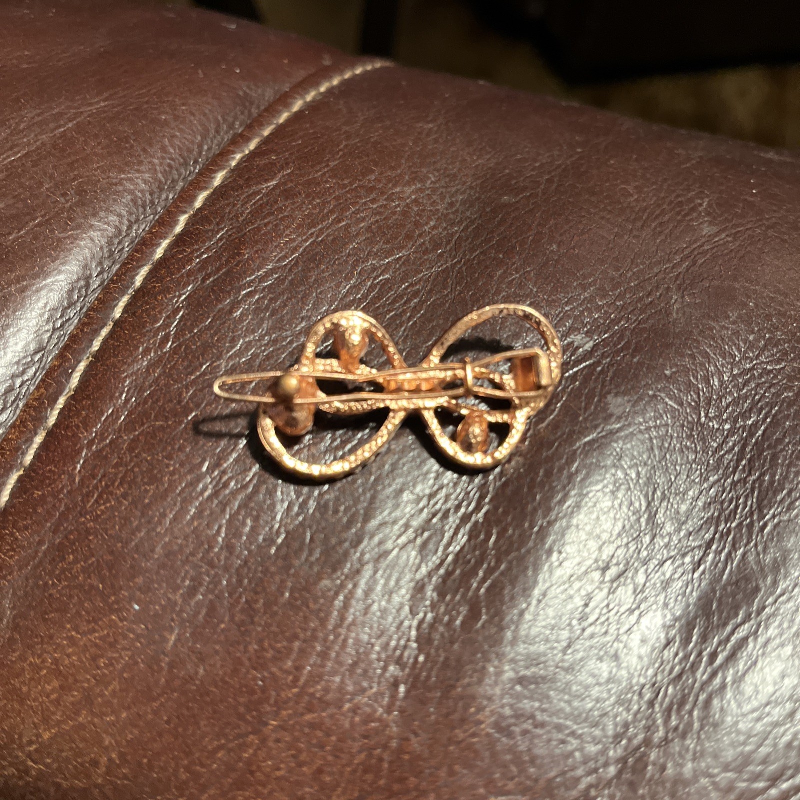 Vintage Rose Gold Toned Bow Pin With Blue And Purple Rhinestones