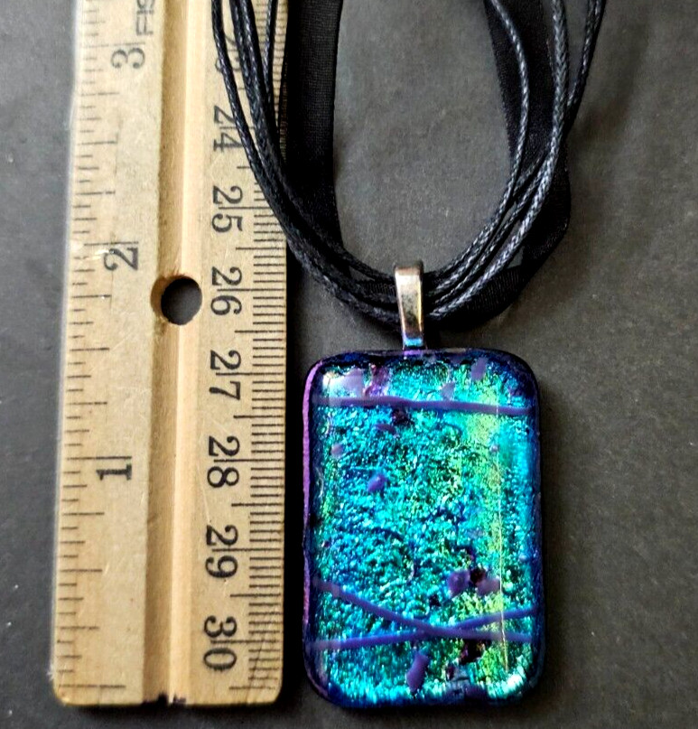 Blue and Purple Glass Dichroic pendant Cord/Ribbon Necklace 18″
