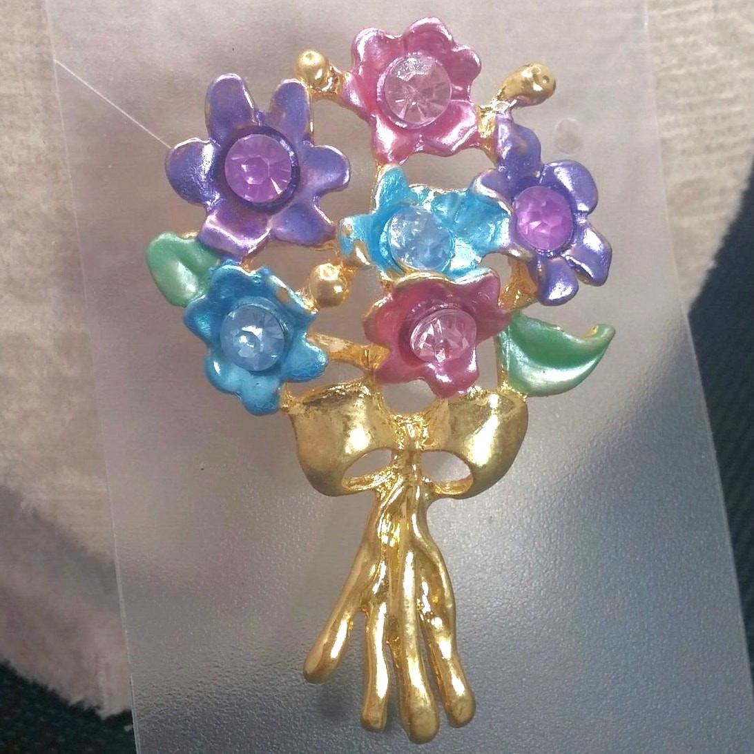 Vintage Pastel Floral Brooch Bouquet of Flowers Pin Enamel Blooms Rhinestone