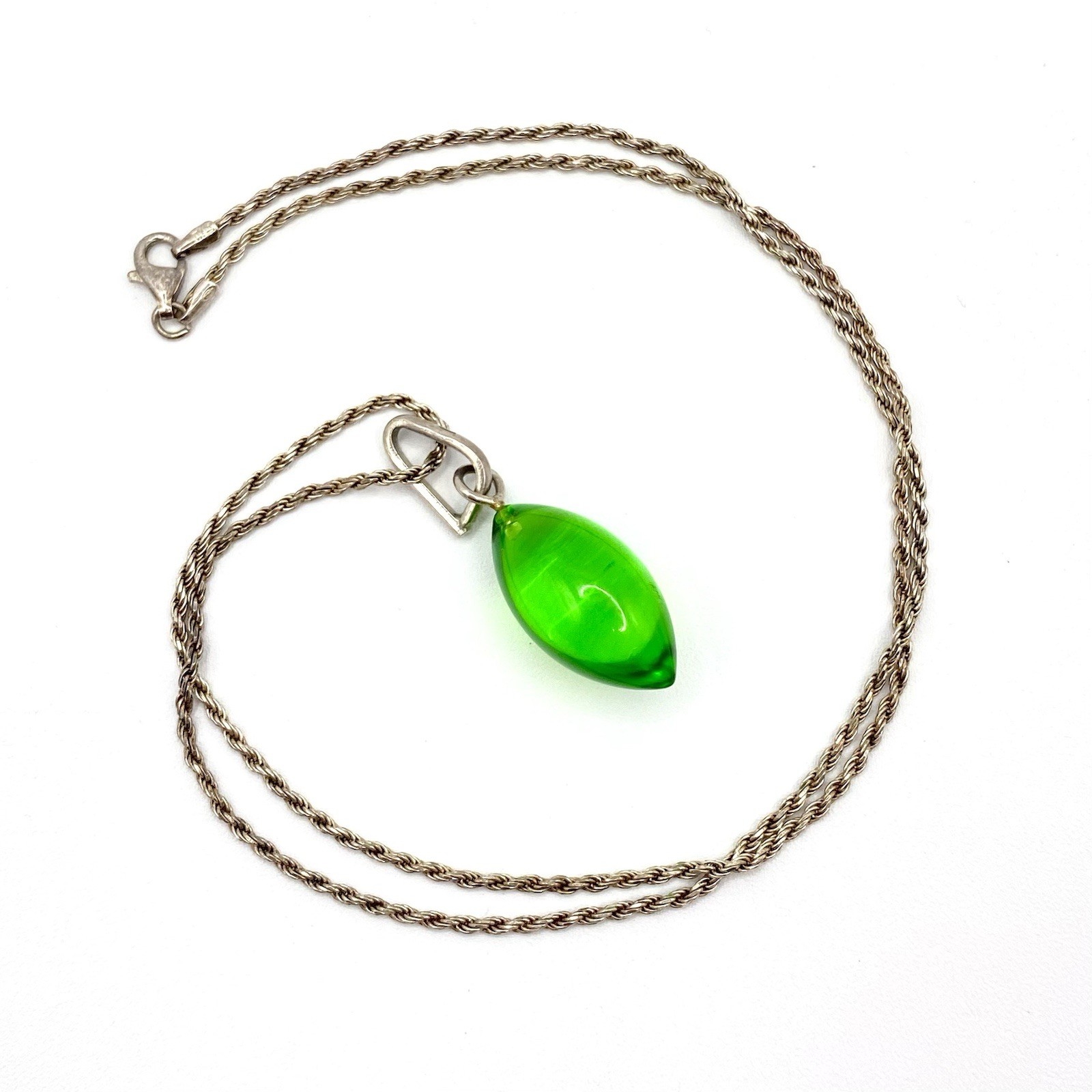 Vtg Sterling Silver 925 Clear Lime Green Lucite Navette Pendant Necklace Deco