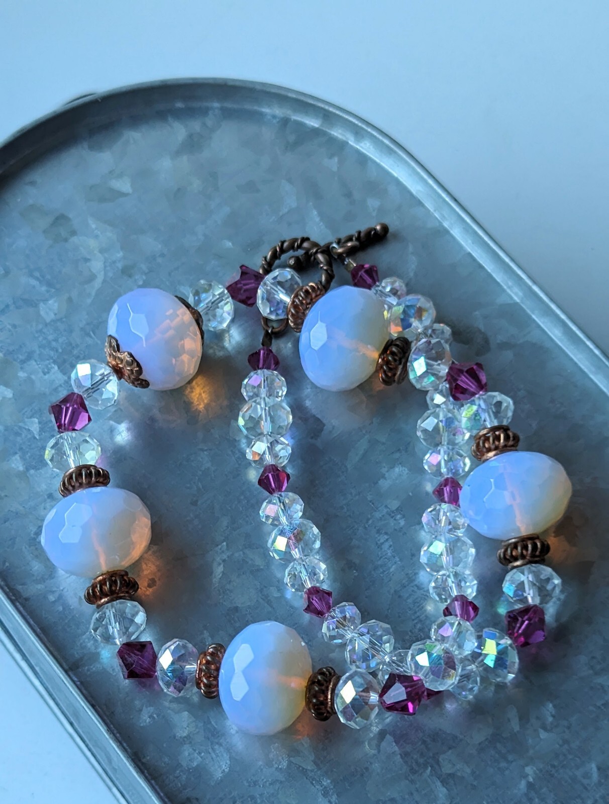 Stunning Artisan AURORA BOREALIS Glowing Milky PINK Bead 18″ NECKLACE