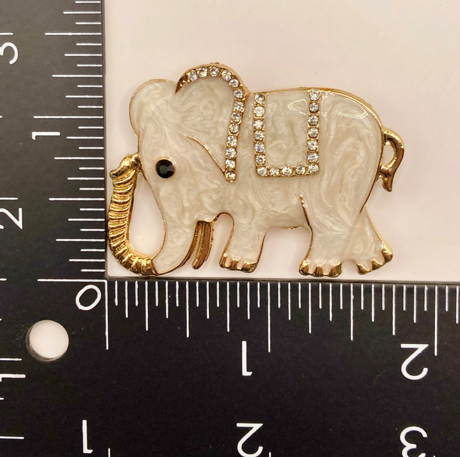 Gold-Tone Elephant Brooch Pin Rhinestones & White Enamel Finish -13B
