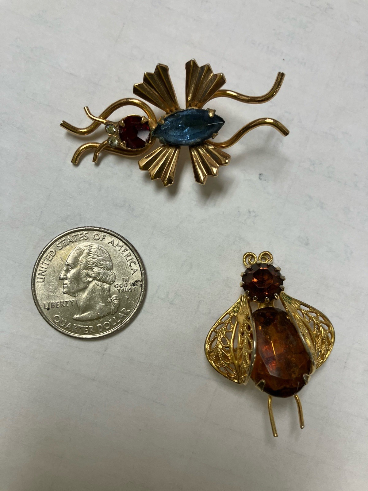 Lot 2 Vtg Insect Bug Brooches Coro Blue Belly Unsigned Topaz Rhinestone Goldtone