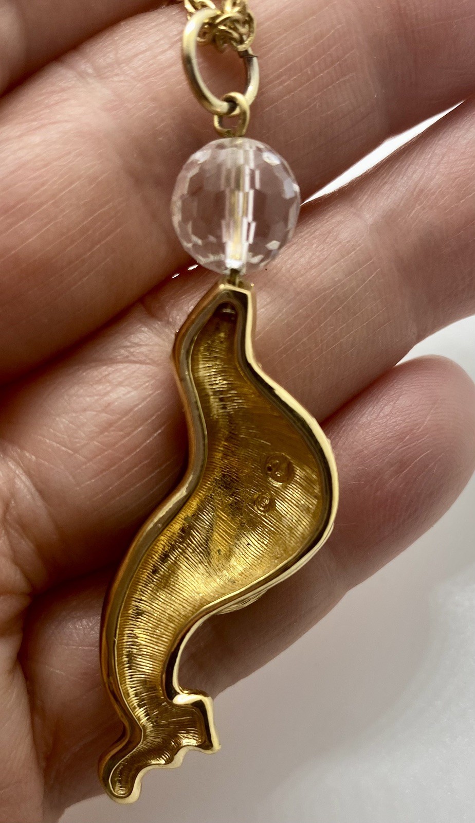 Signed Vintage Swarovski Sea Lion/Seal with Ball Pendant and Chain 24”.