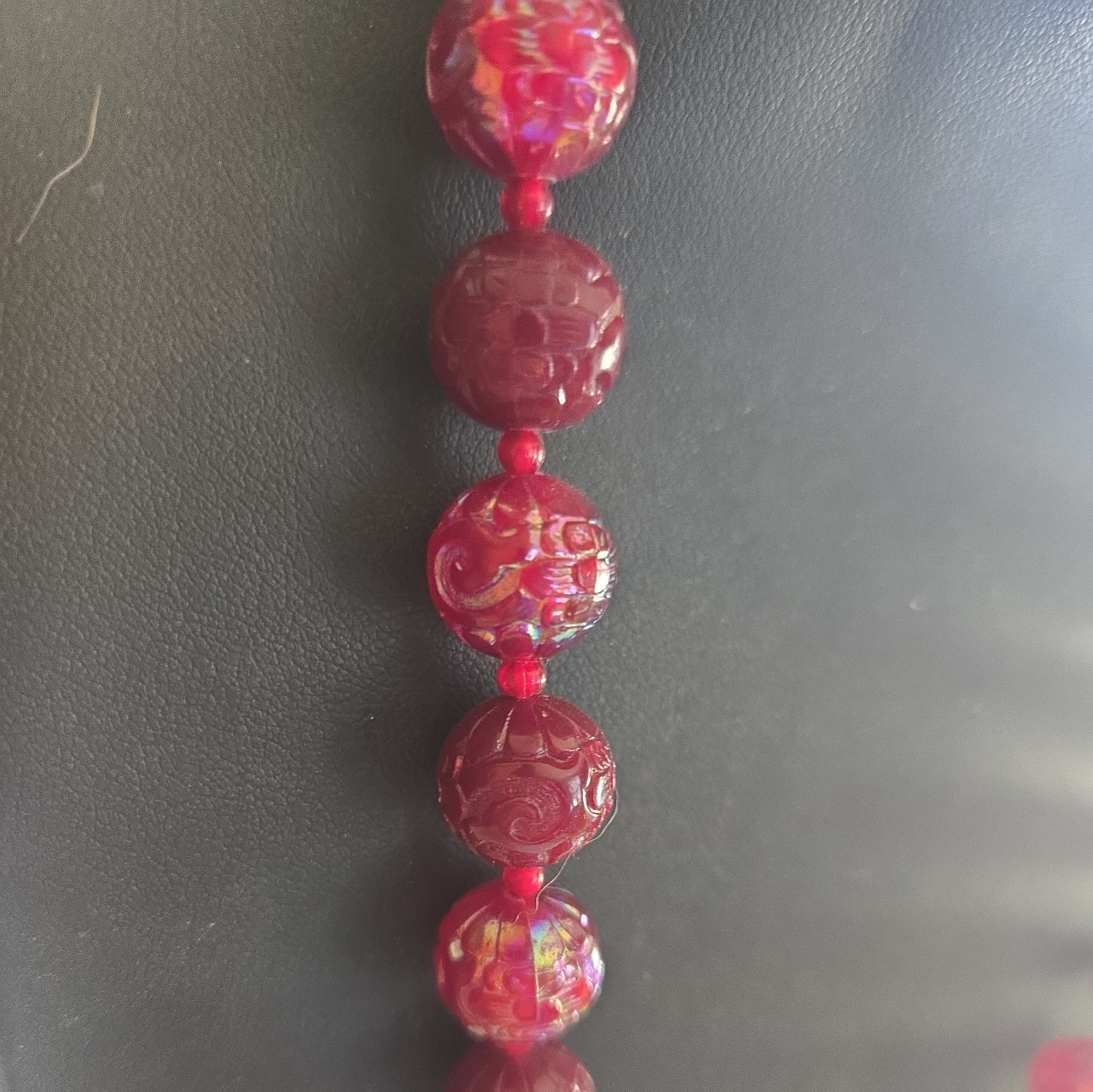 Vintage Austria Signed Red Iridescent Lucite or Resin Beaded 22″ Necklace