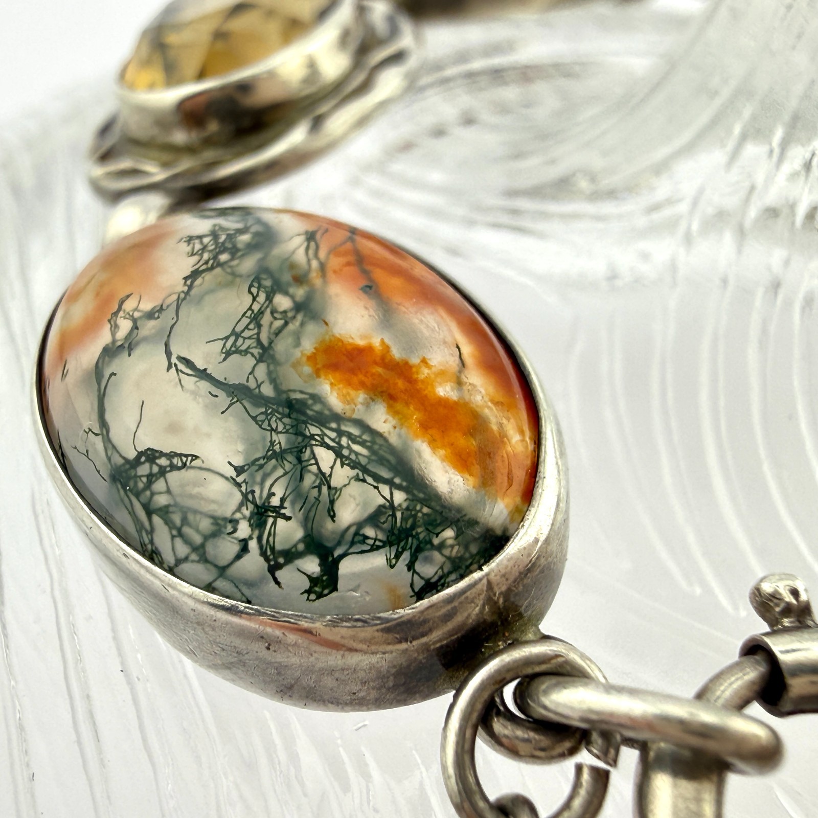 Stunning Vintage Scottish Sterling Silver Moss Agate &Faceted Cairngorm Bracelet