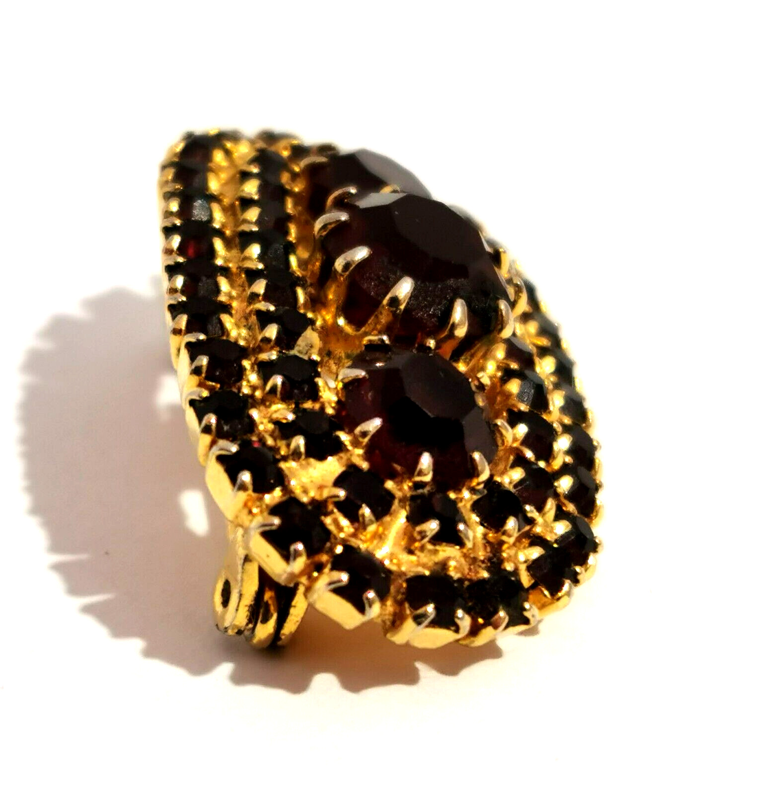 Vintage Czech Brooch Dark Red Rhinestones Glass Handmade Elliptical Shape Design