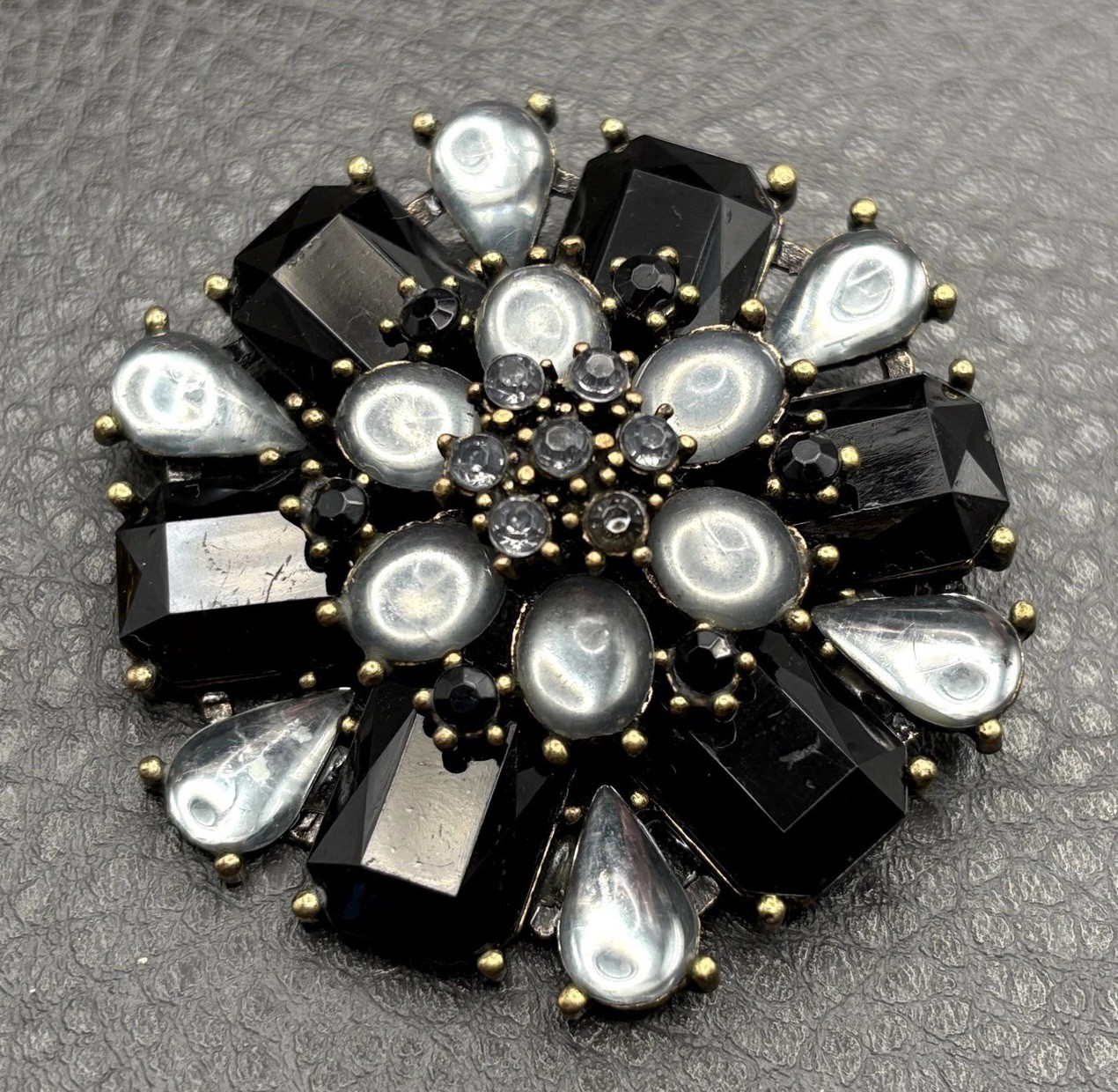 Vintage Black Rhinestone Gray Faux Moonstone Starburst Flower Brooch Pin