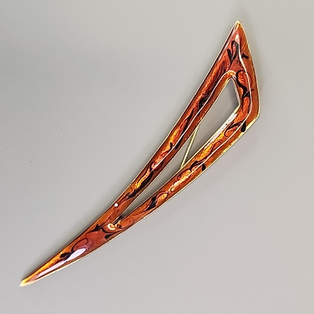 Vintage Modernist Brooch Mid Century Orange Enamel Gold Tone Long 4.25″