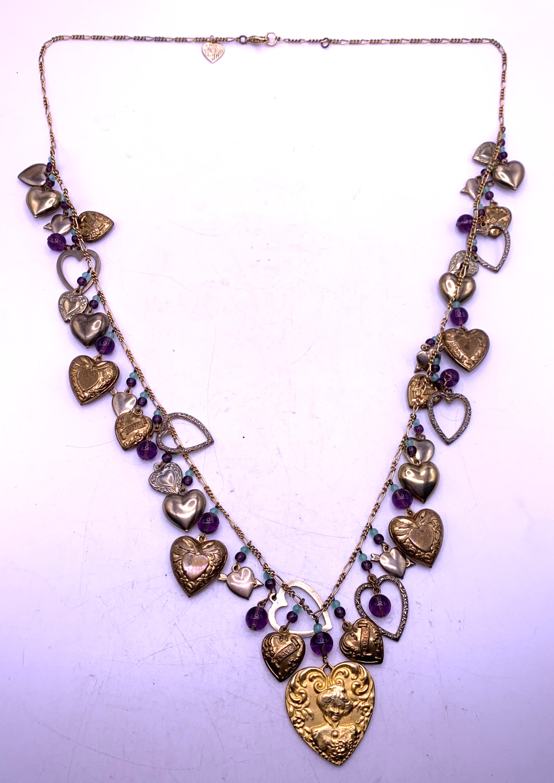 Vintage Lucy Isaacs Charm Necklace puffy hearts Victorian beaded extra long