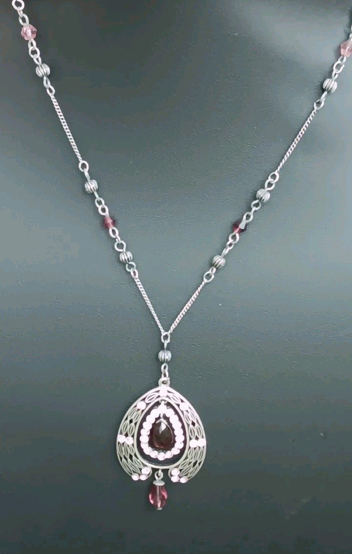 Vintage gunmetal pendant W/ pink rhinestones & purple/pink bead accents, 18-21″