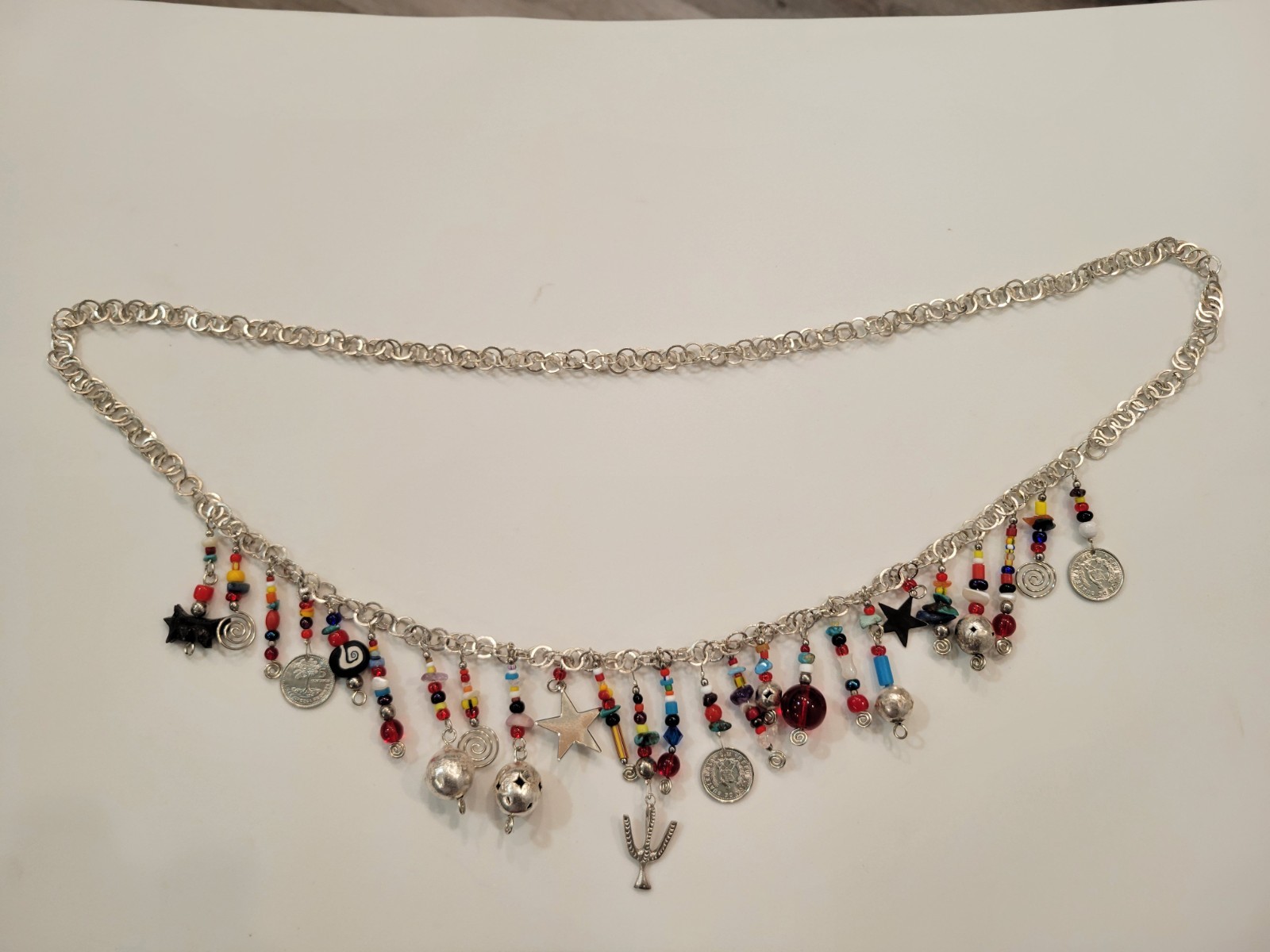 Vintage Multi-stone Tribal Guatemala Coin Charm Beaded Strand Silver Toned Boho