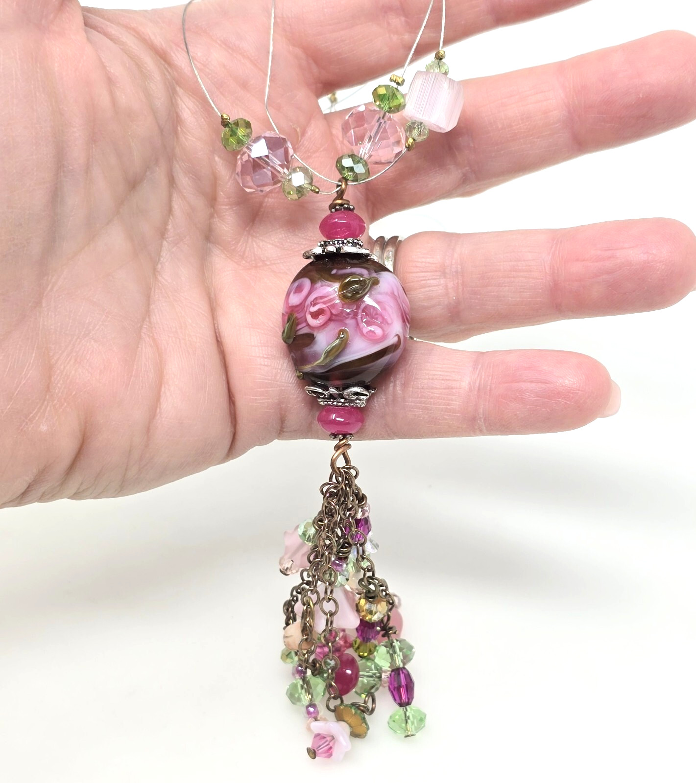 Handmade Y Necklace Large Lampwork Glass Pendant with Pink Faceted Crystal Beads