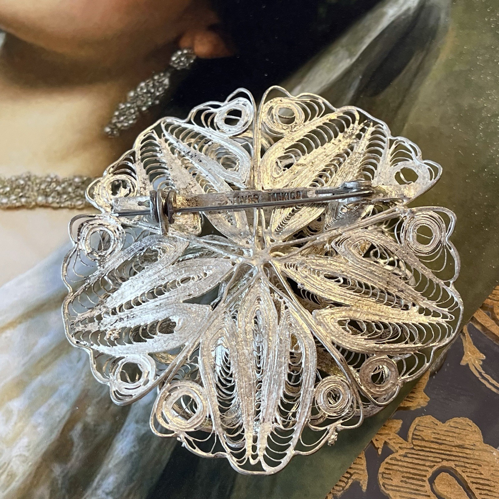 Vintage Mexican Cannetille Filigree Floral Brooch – 2.5” – Marked SILVER MEXICO