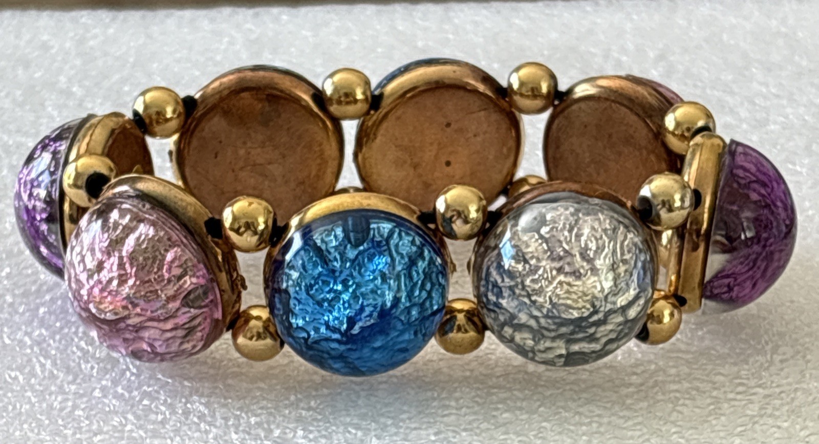 Vintage Plastic Foil Cabochon Stretch Bracelet Costume Jewelry Faux Gems NOS