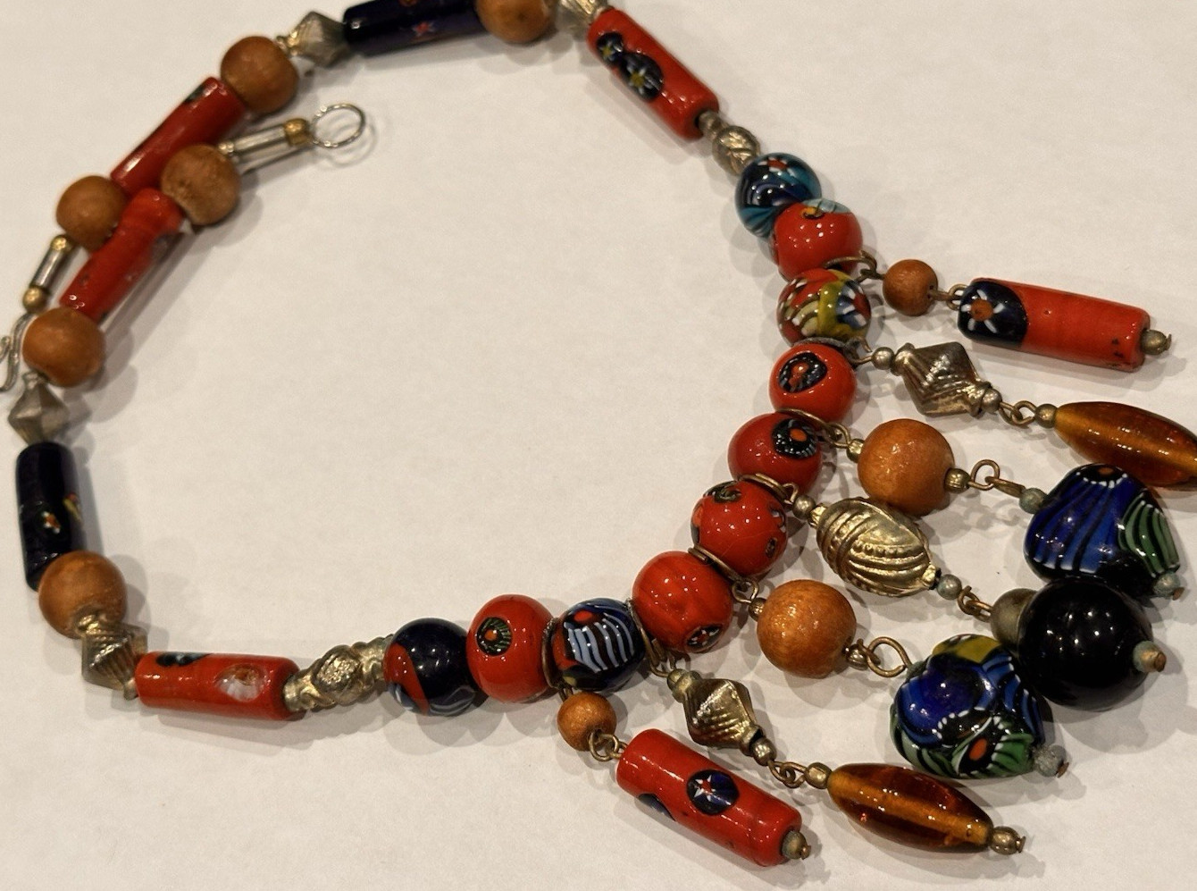 MOROCCAN BERBER CERAMIC WOOD GLASS STAR FLORAL DANGLING BEADS 19″ NECKLACE EUC