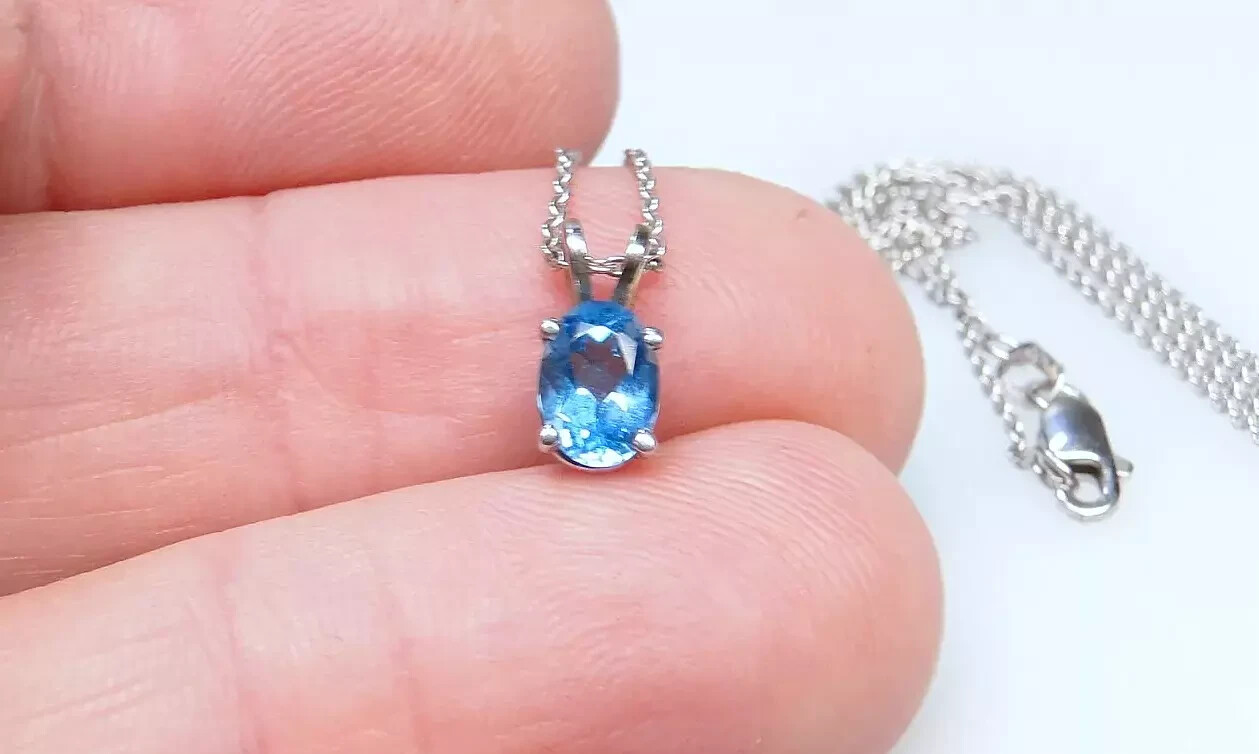 14K White Gold Blue Topaz Solitaire Pendant on Fine 14k WG Chain Necklace