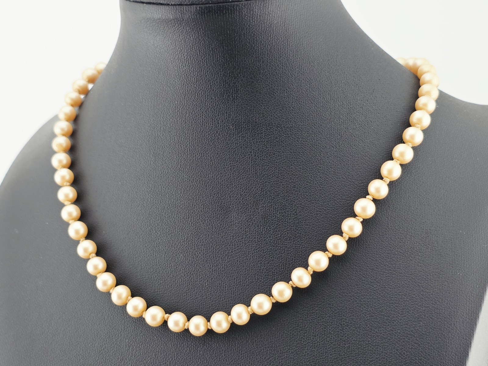 ​Vintage Hand Knotted Glass Pearl Necklace Sterling Silver Filigree Clasp 16″