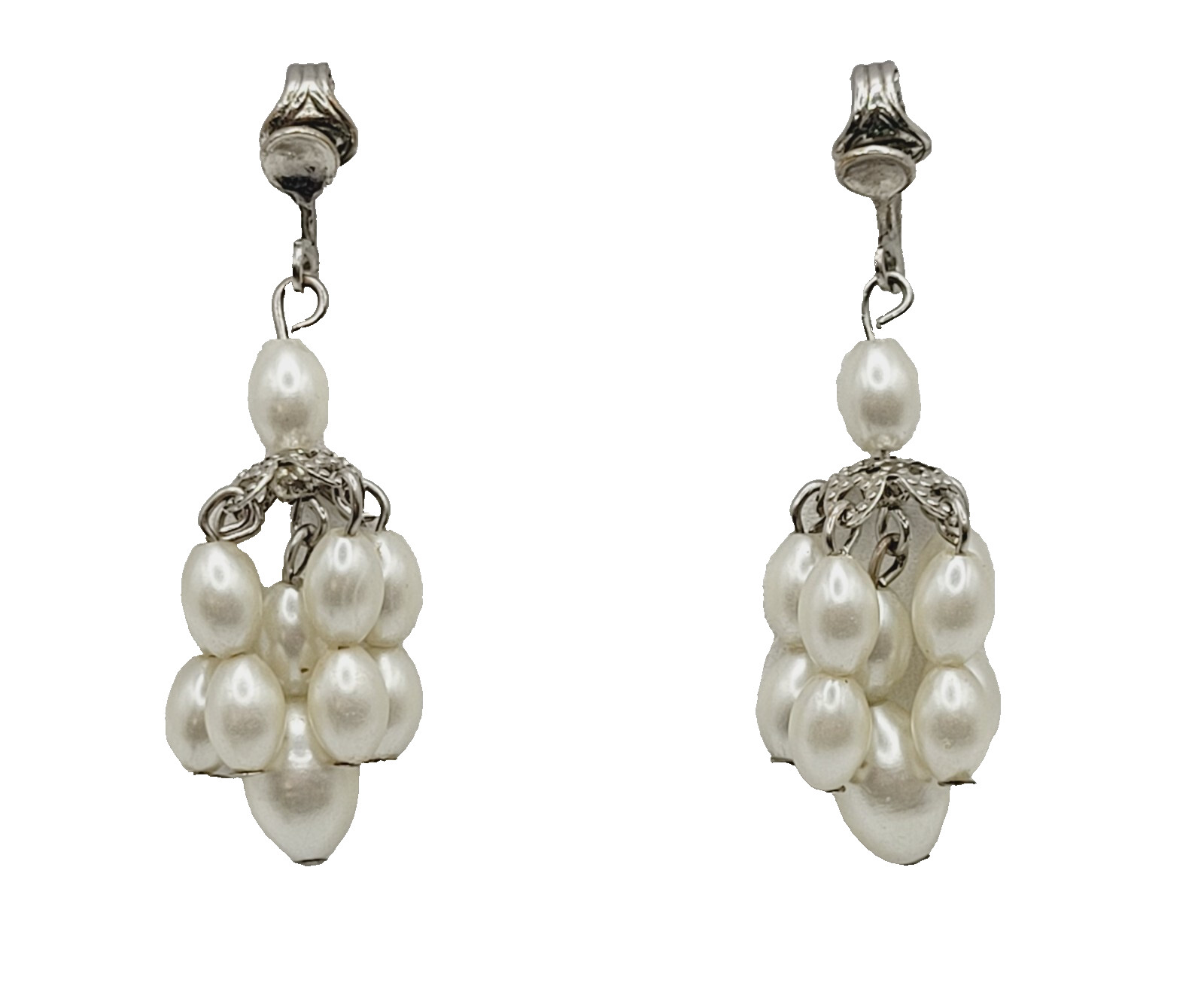 Faux Pearl Drop Dangle Cluster Silver Tone Clip On Fancy Vtg Costume Earrings