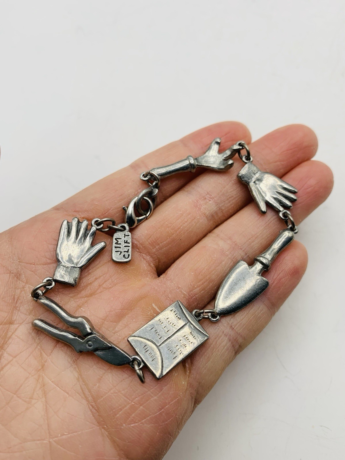 Vintage 7″ Signed Jim Clift Pewter USA Silver Tone Gardening Charm Bracelet