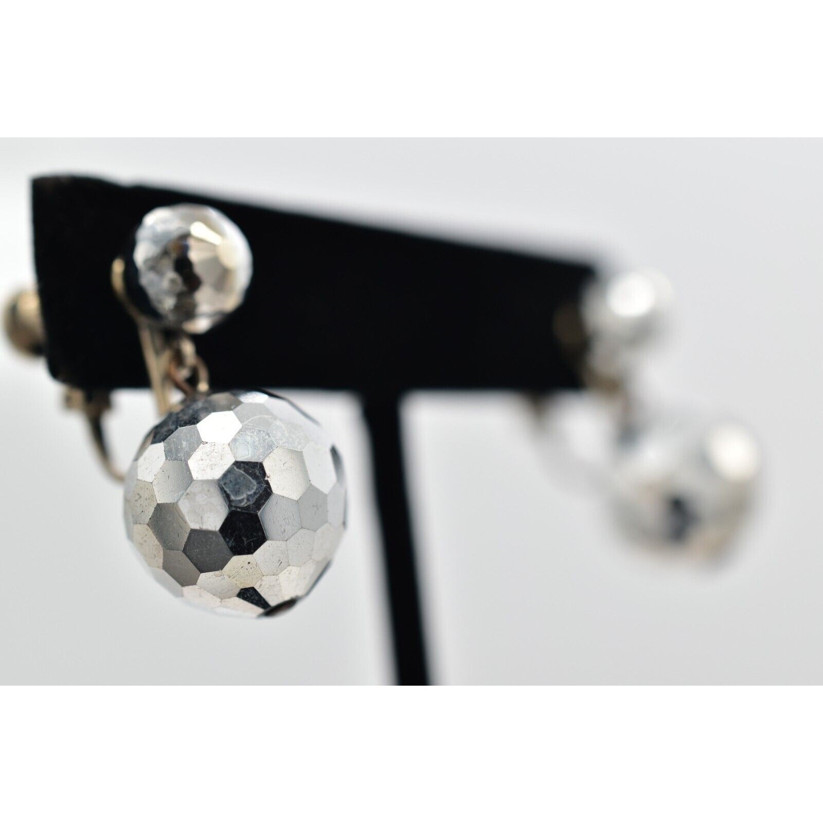 Vintage Crystal Clip On Earrings Silver Dangle Disco Ball Drop Glam 1950s A24