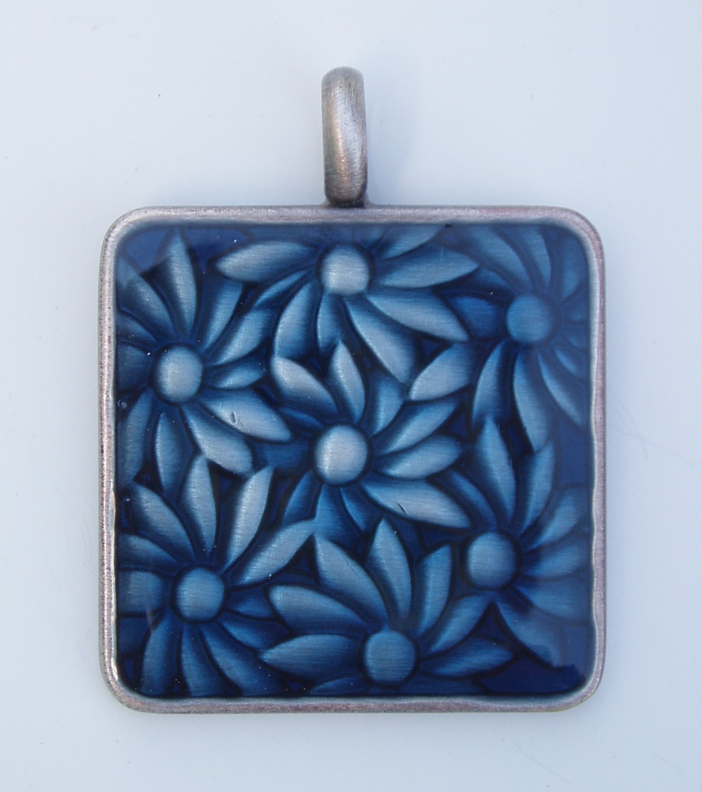 2 Vintage Pendants Epoxy Resin Pewter Metal Large Blue Floral & Green Sun Burst