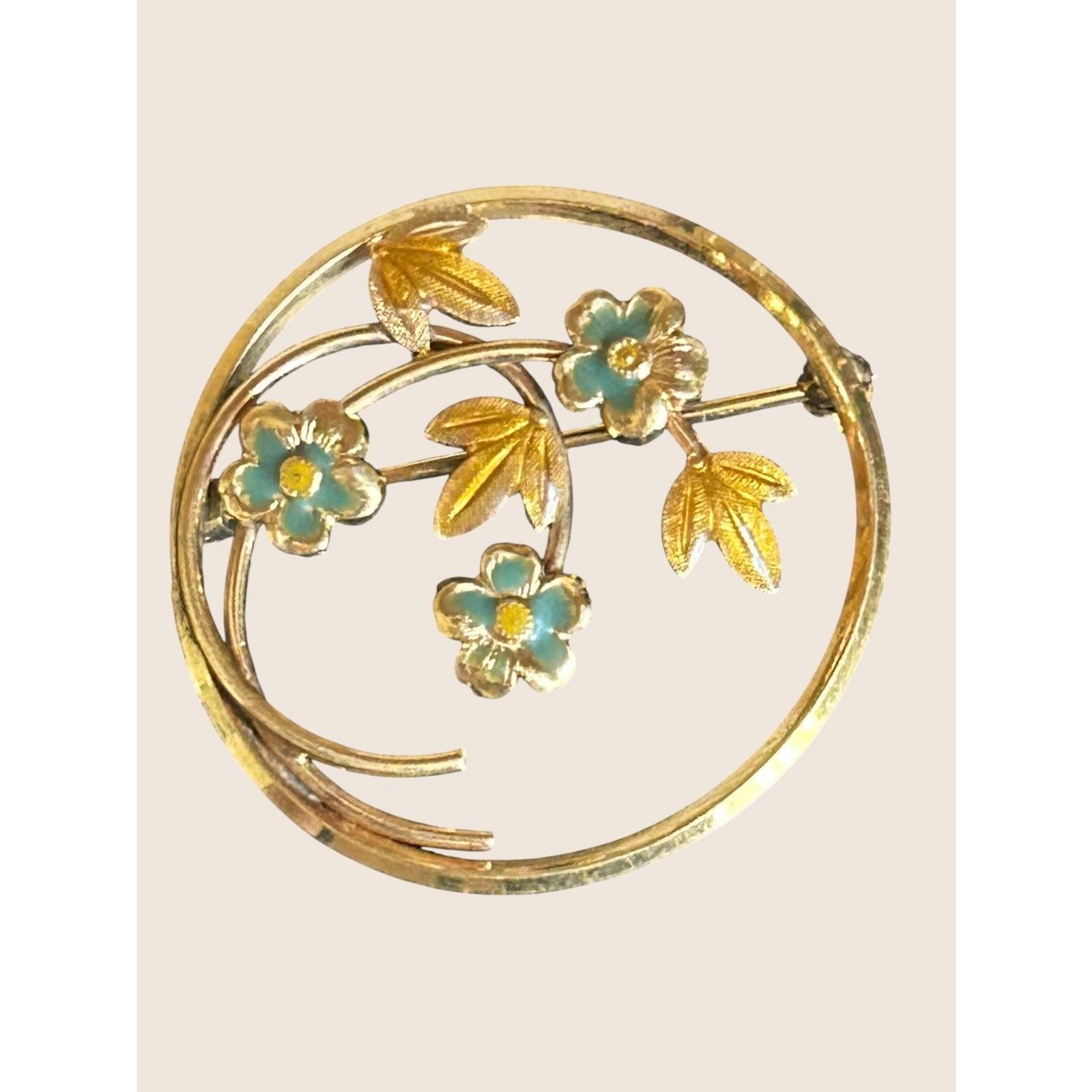 💐 VTG VAN DELL VD 12K GF CIRCLE BROOCH PIN FLOWER FLORAL ENAMEL RETRO DELICATE