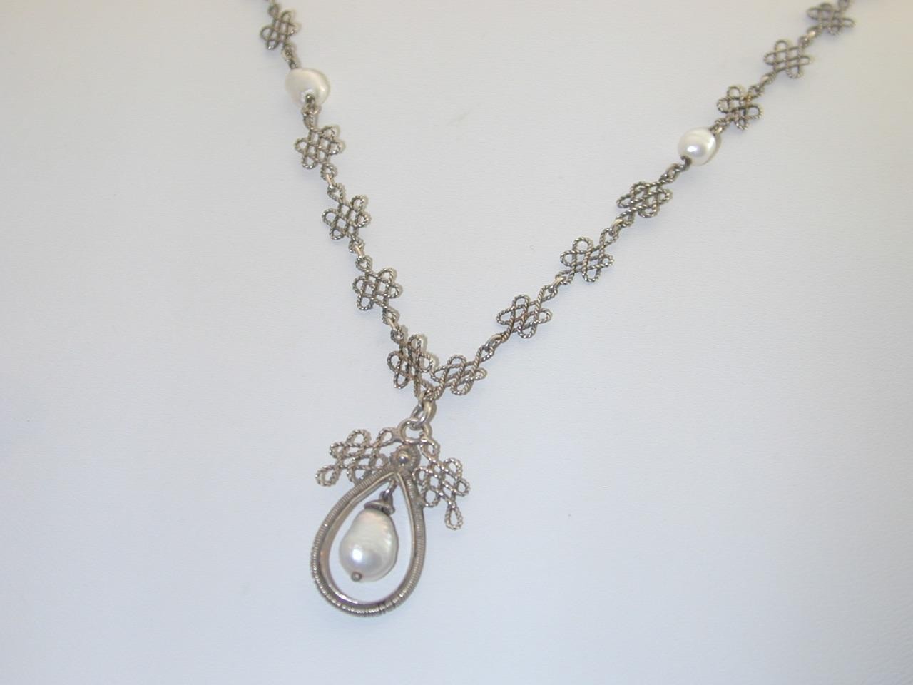 Delicate Sterling Celtic Knot Rope Link FW Pearl Lavalier Necklace 17 1/8