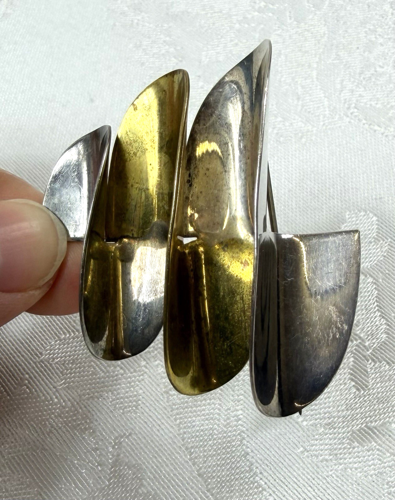 Vtg Laton 2″ Brooch Mexico 925 Sterling Silver/Brass Modernist Wavy Abstract MMC