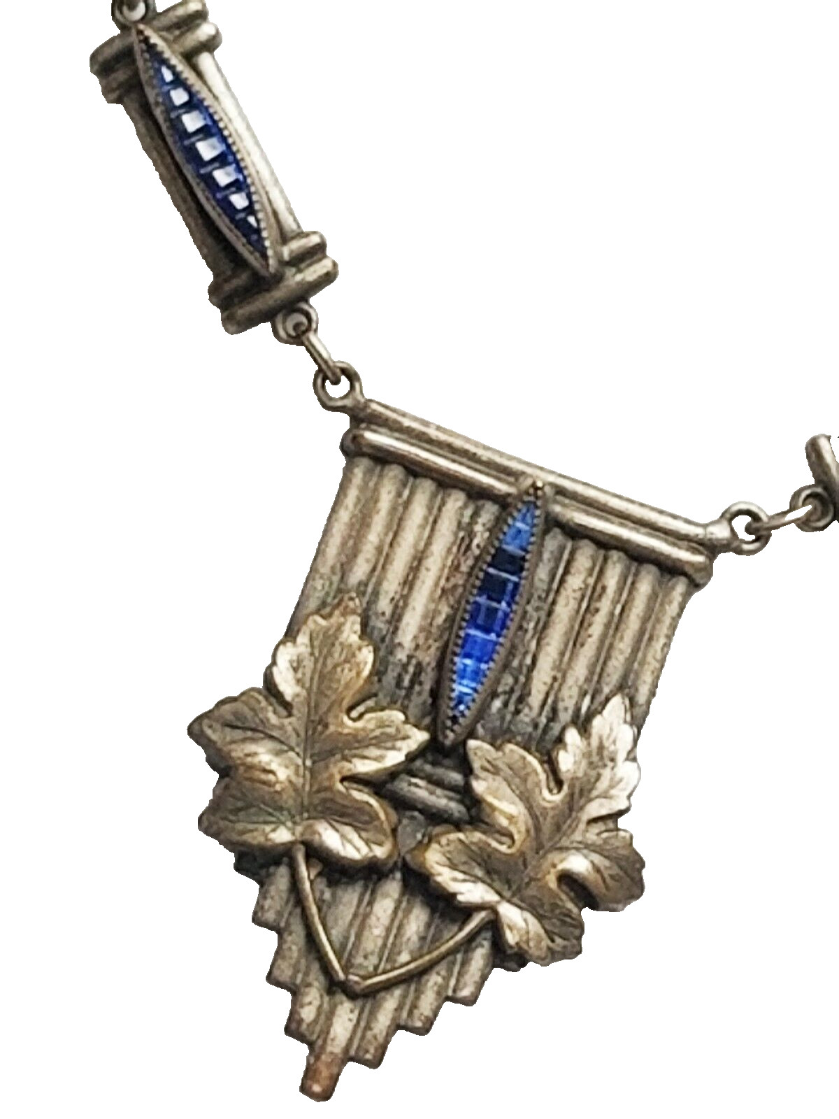 Antique Art Deco / Nouveau Simulated Sapphire Pendant Necklace Leaf Motif 18 3/4