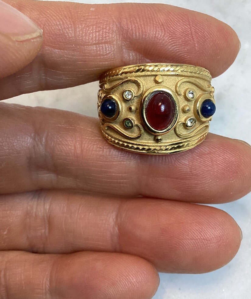 Vintage Gold Plated Byzantine Greek Faux Ruby Sapphire Peridot Ring Size 7