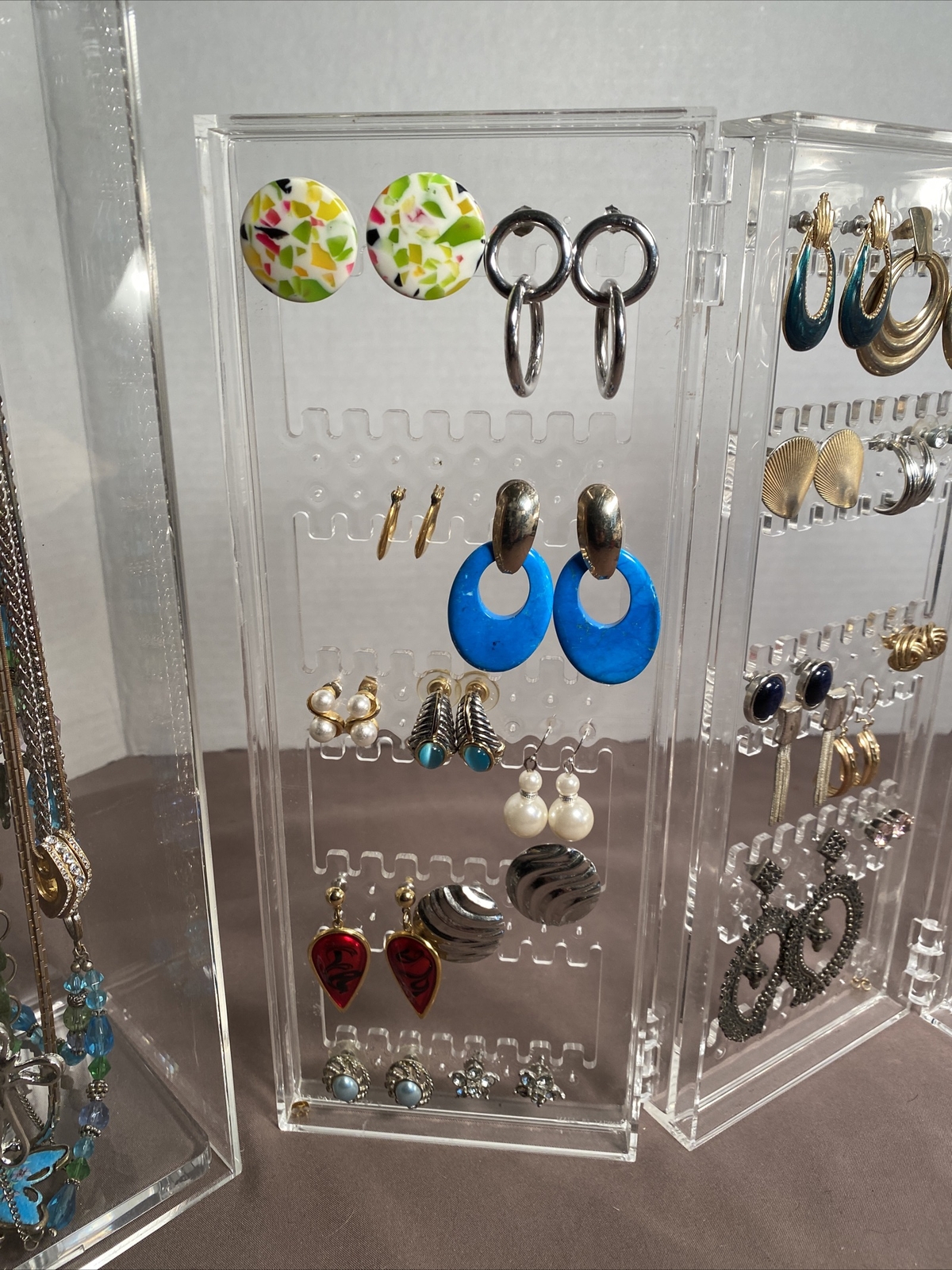 Vintage Lot 60 Pairs Earrings, 15 Necklaces & Acrylic Displays Monet, Avon