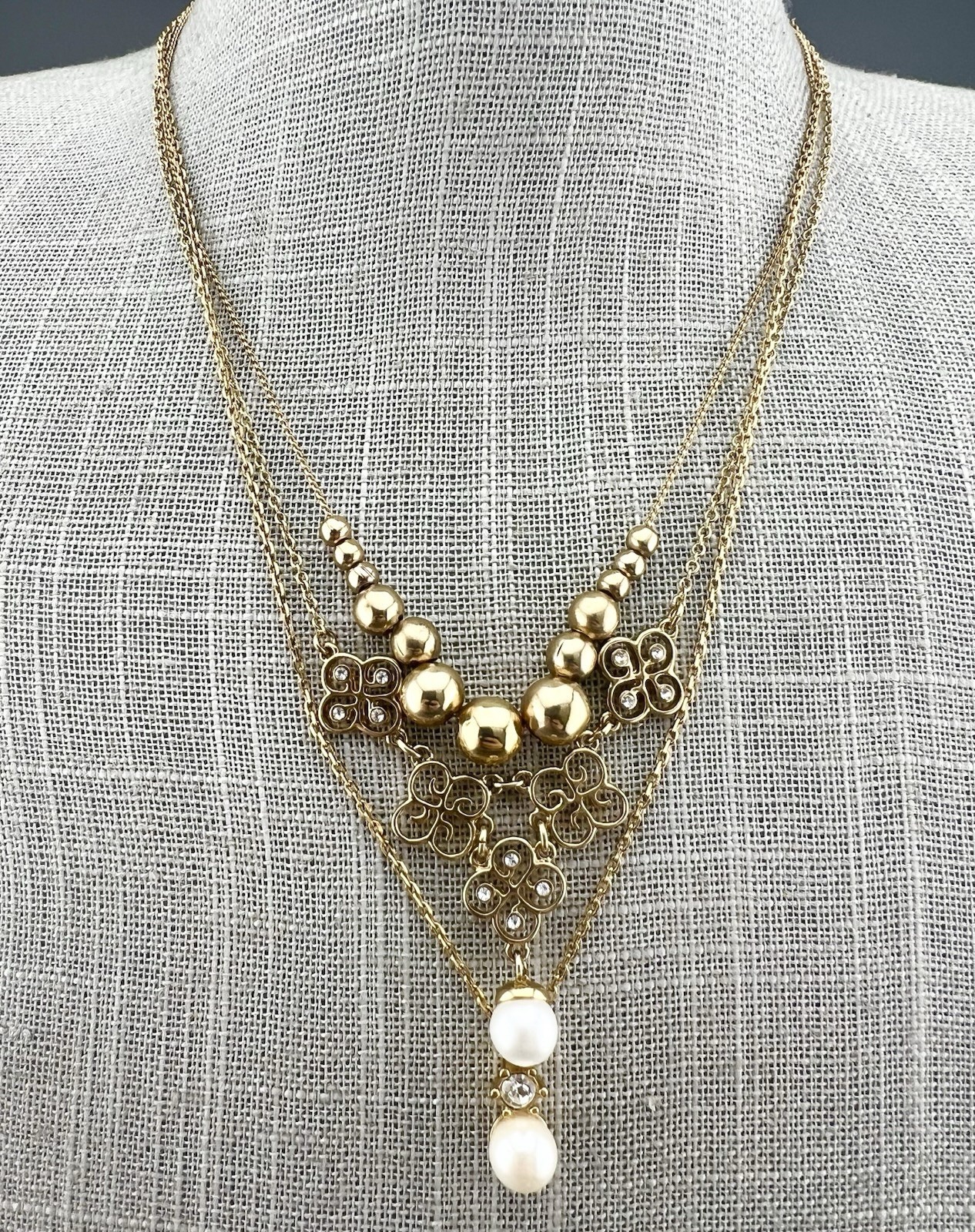 Vintage Avon Necklace Lot Gold Tone Ball Bead Slide Rhinestone Faux Pearl Signed