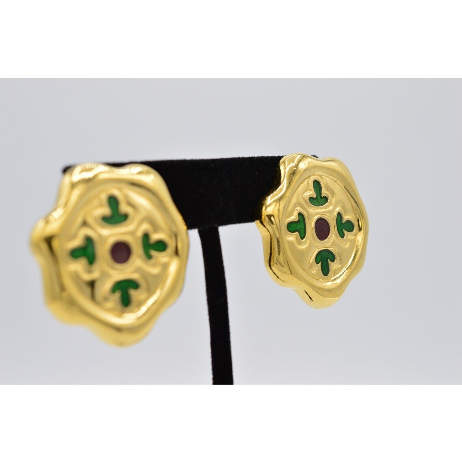 Givenchy Vintage Clip On Earrings Chunky Gold Green Red Enamel Signed 1980s BinX