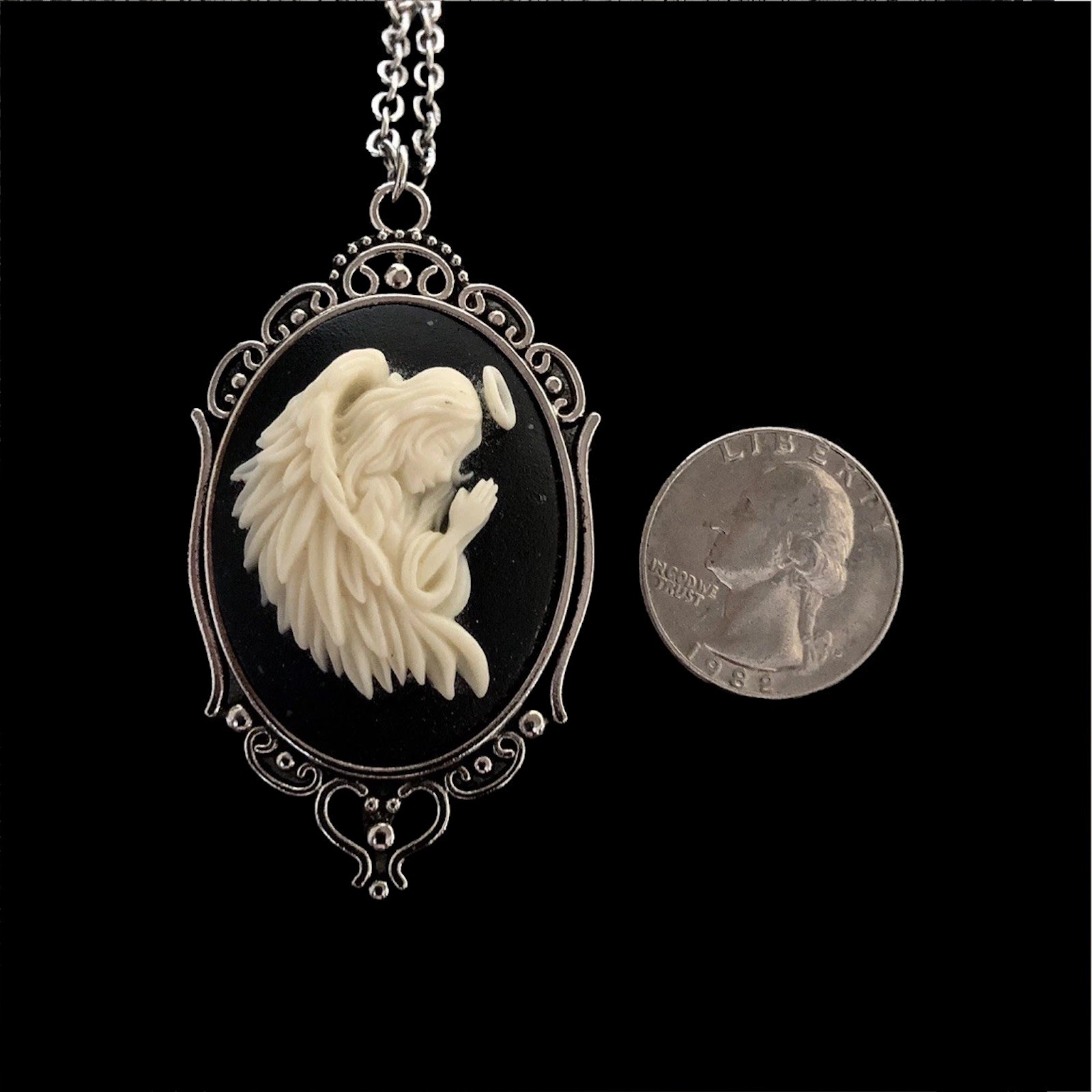 Vintage Praying Guardian Angel Cameo Pendant Necklace, Antique Silver plated