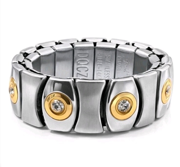 Vintage Speidel Signed Stainless 14k Gold Cubic Zirconia Stretch Expansion Ring