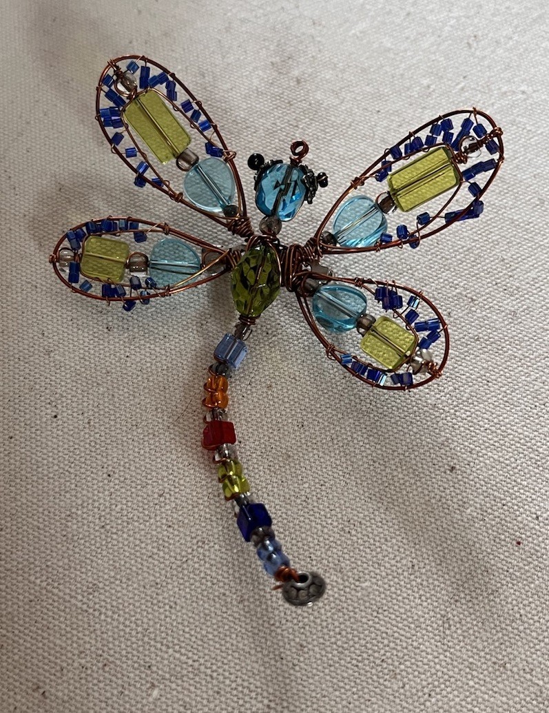 Vintage Handmade Copper Wire Multicolor Glass Beaded Dragonfly Large 4” Brooch