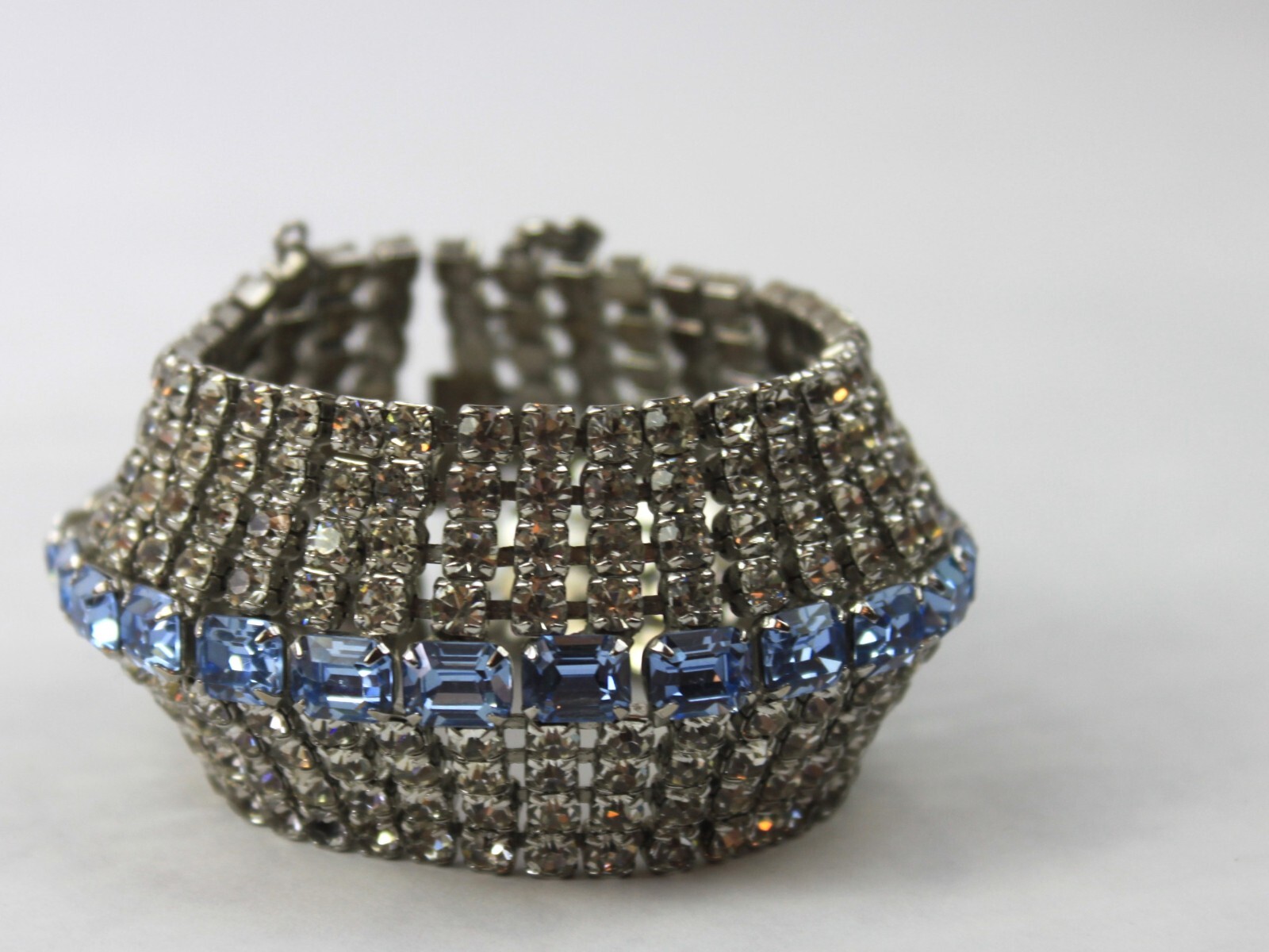 Rhinestone Bracelet Cuff Nine Row Emerald and Round Cut Rhodium Plate