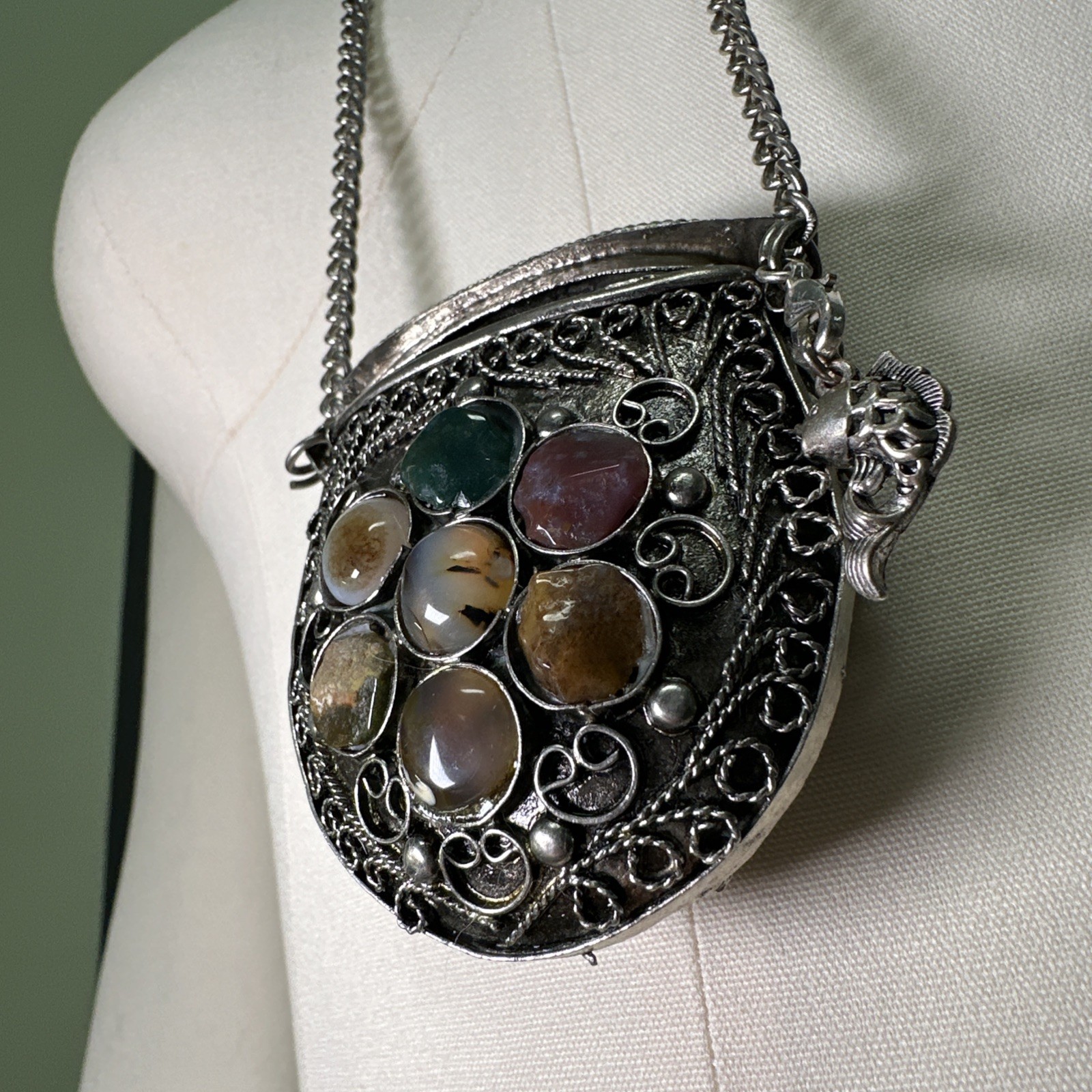 Vintage Small Silver-tone Sajai Metal Purse Necklace Agate Gemstones Tether Lid