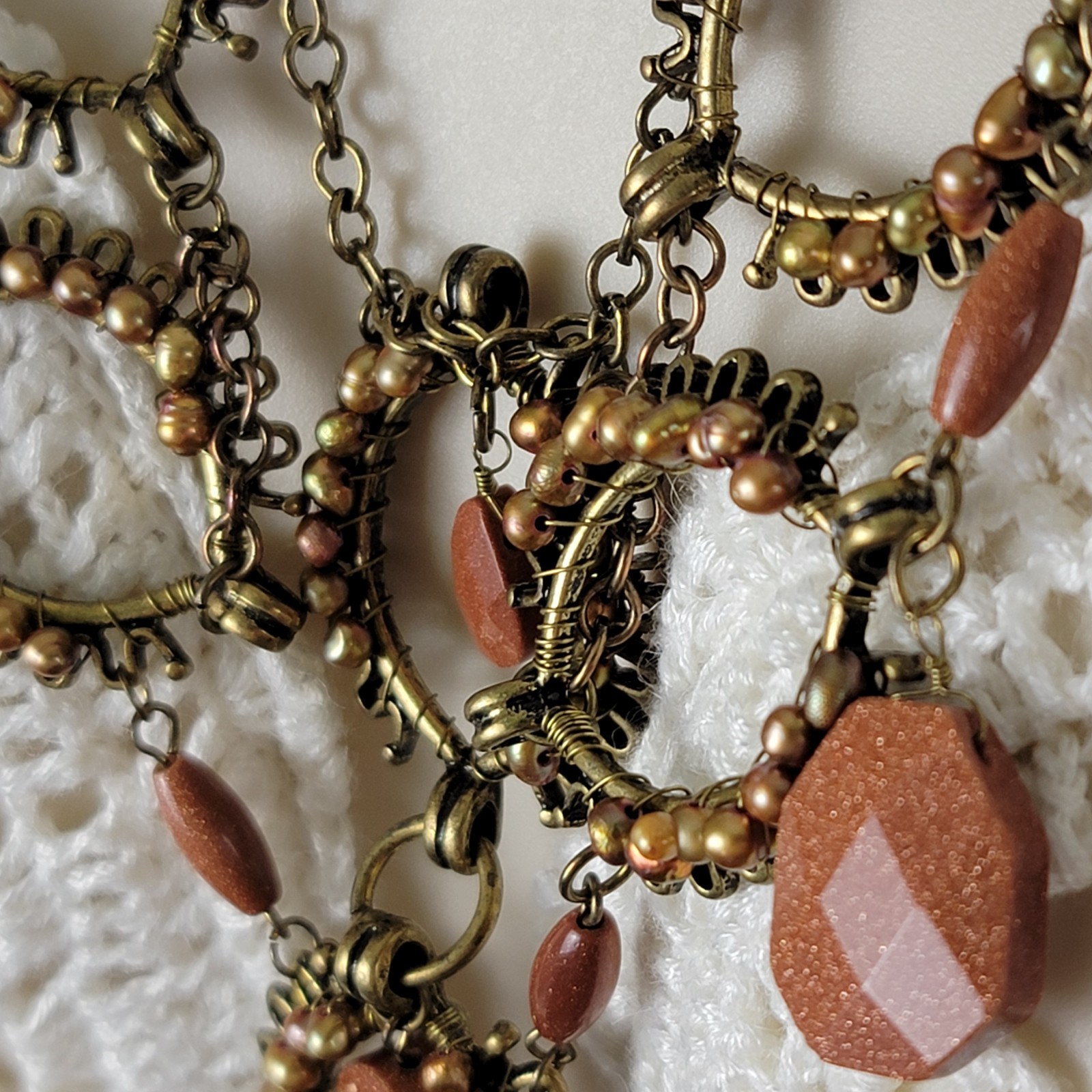 Vintage Coldwater Creek Goldstone and Pearls Bronze Tone Bib Festoon Necklace