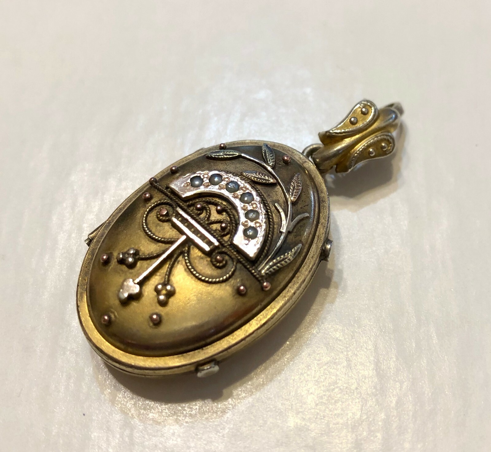 Antique Victorian Etruscan Gold Filled Oval Locket Applied Decoration & Pearls
