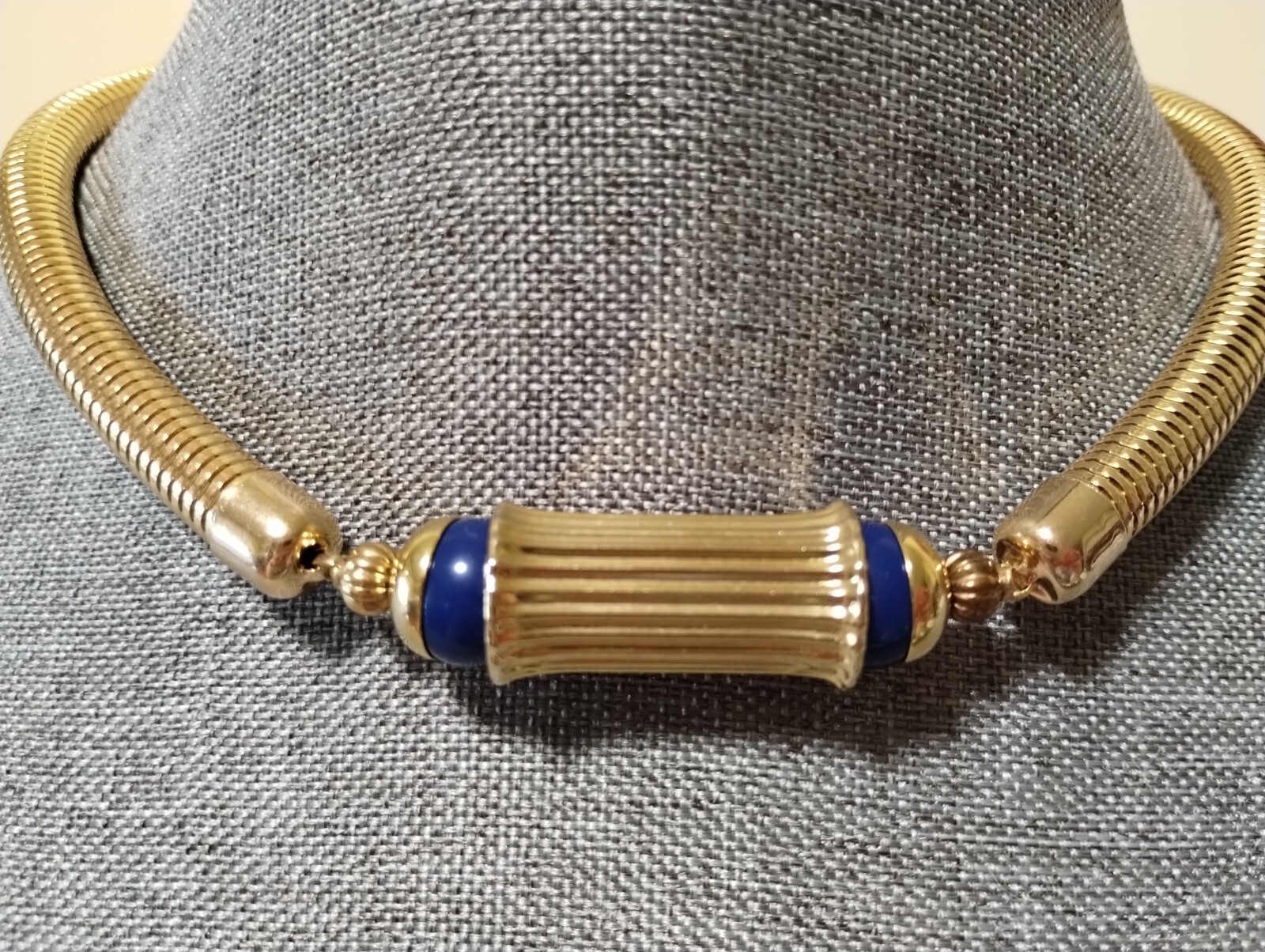 Gay Boyer Goldtone Snake Necklace with a Barrel Center Blue Enamel Ends #278