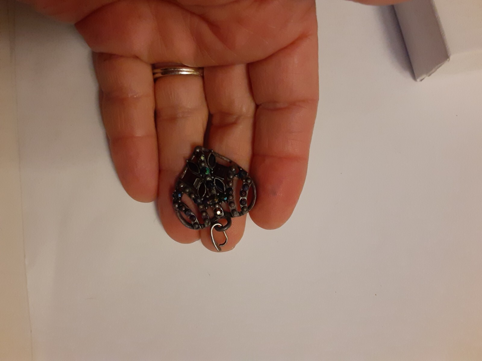 Vintage Pewter Openwork Pendant or Zipper Pull w/Enamel & Rhinestones