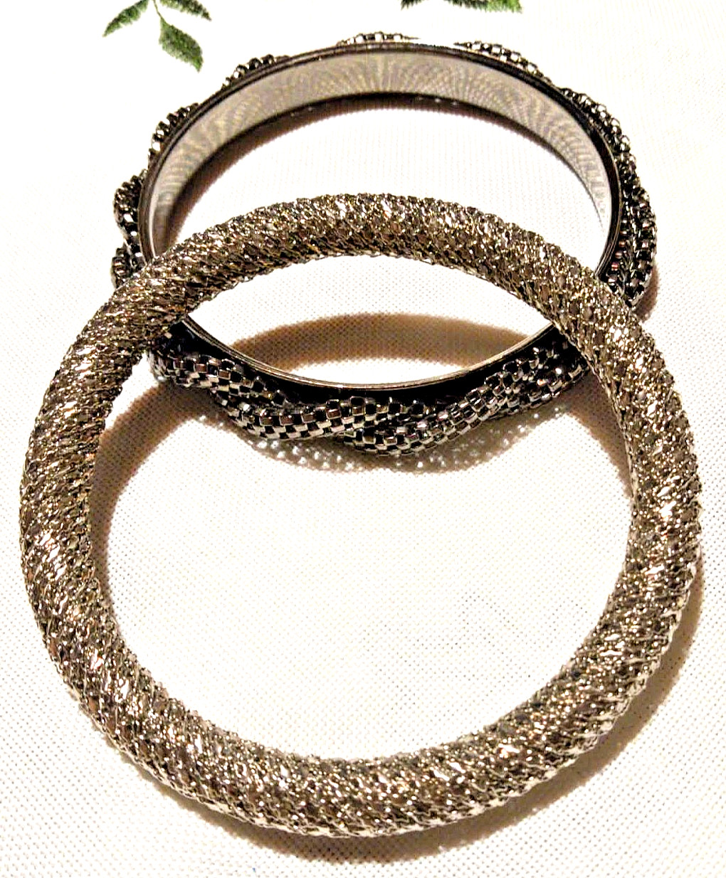 LOT 2, 2.5″ inside diameter vintage Art Deco sparkle cut steel braided bracelets